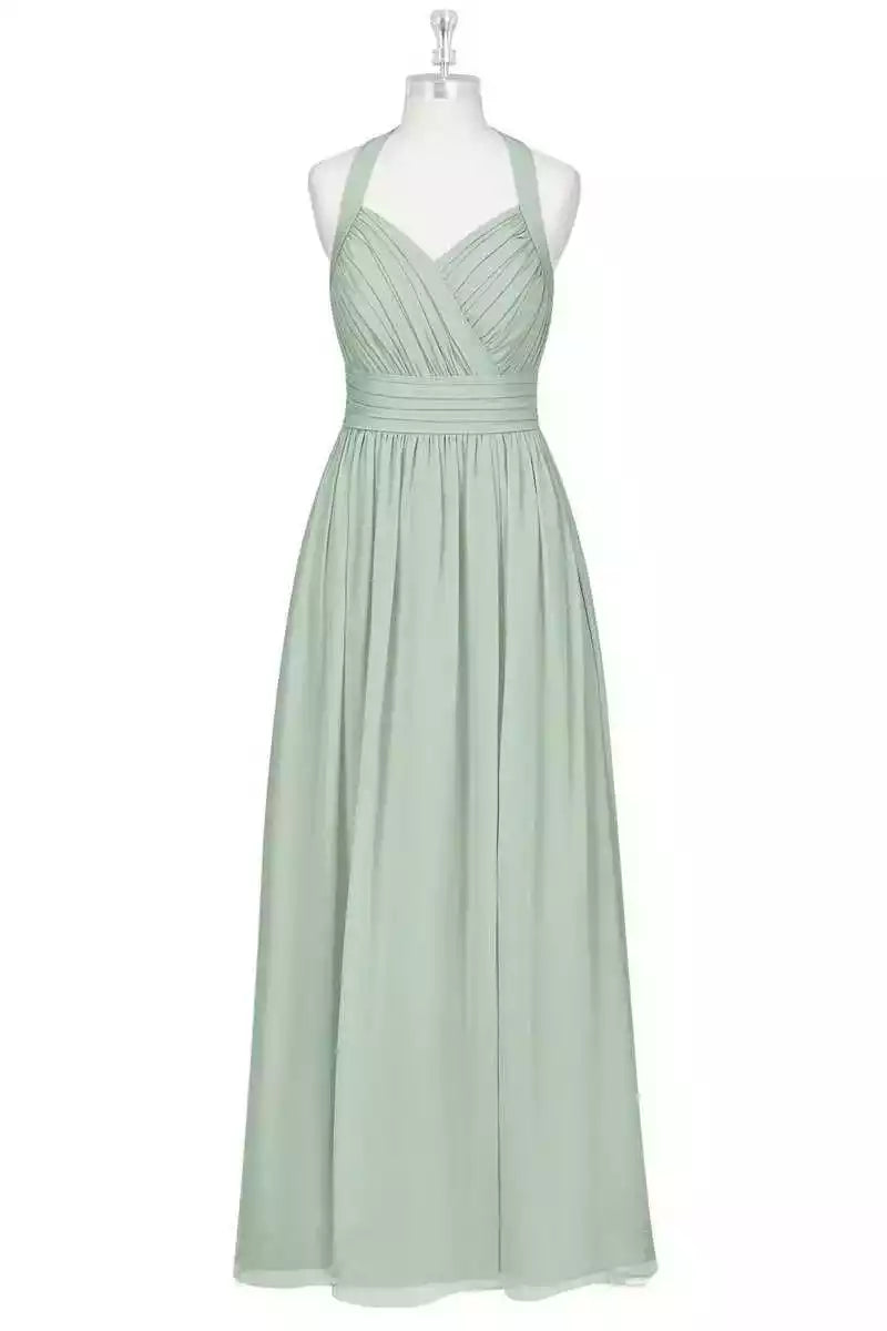 Romantic Sage Green Chiffon Gown with Halter Tie Back & Ruched Bodice