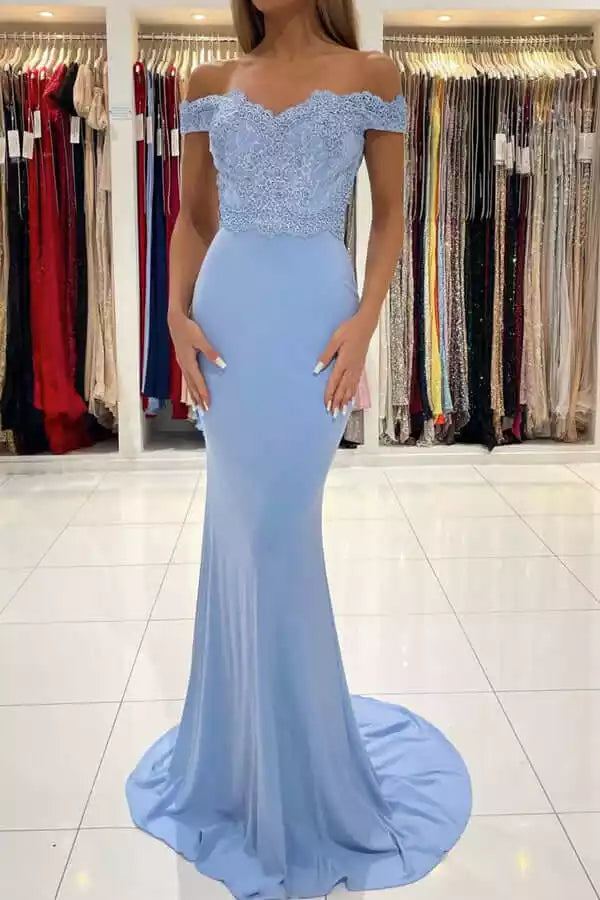 Romantic Sky Blue Lace & Satin Gown with Off-the-Shoulder Neckline & Mermaid Silhouette