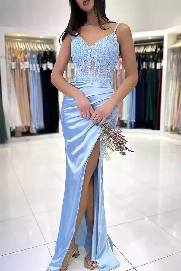 Romantic Sky Blue Satin Mermaid Gown with Lace Bodice & Spaghetti Straps