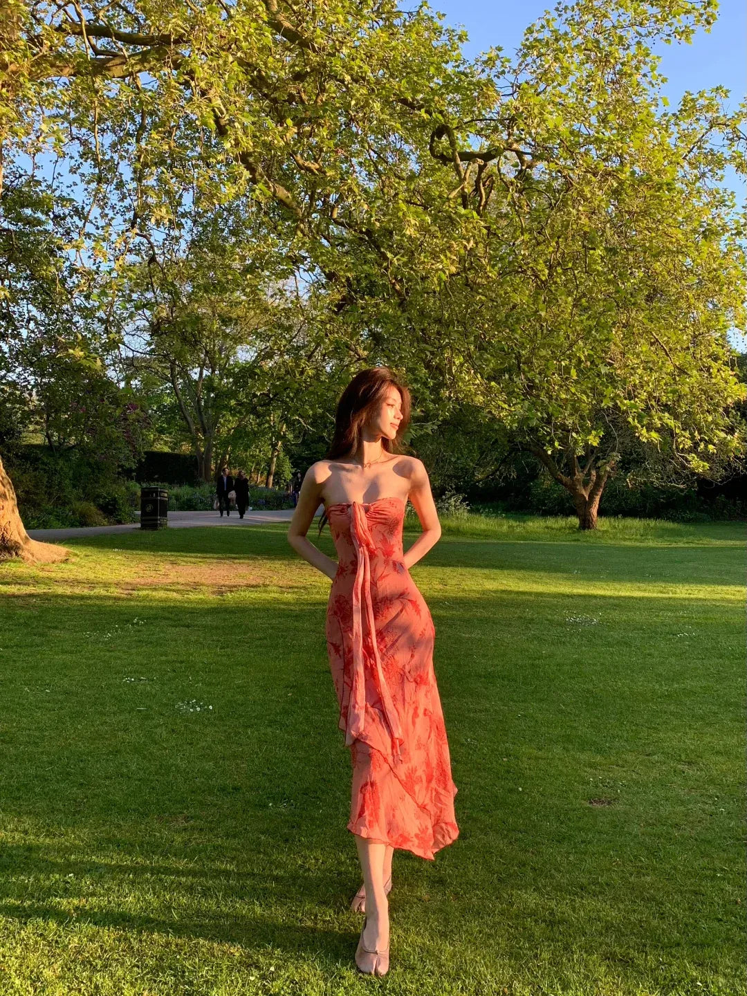 Romantic Strapless Front Tie Coral Floral Chiffon Dress
