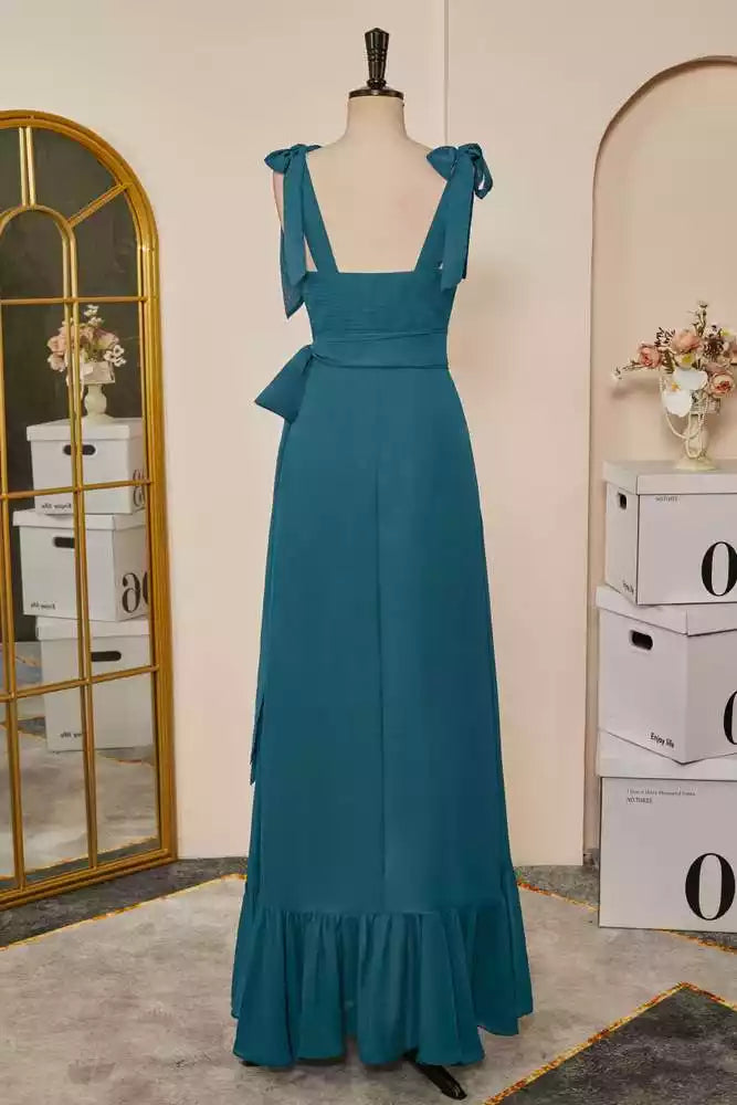 Romantic Teal Chiffon Gown with Bow Straps & Tiered Ruffled Hem