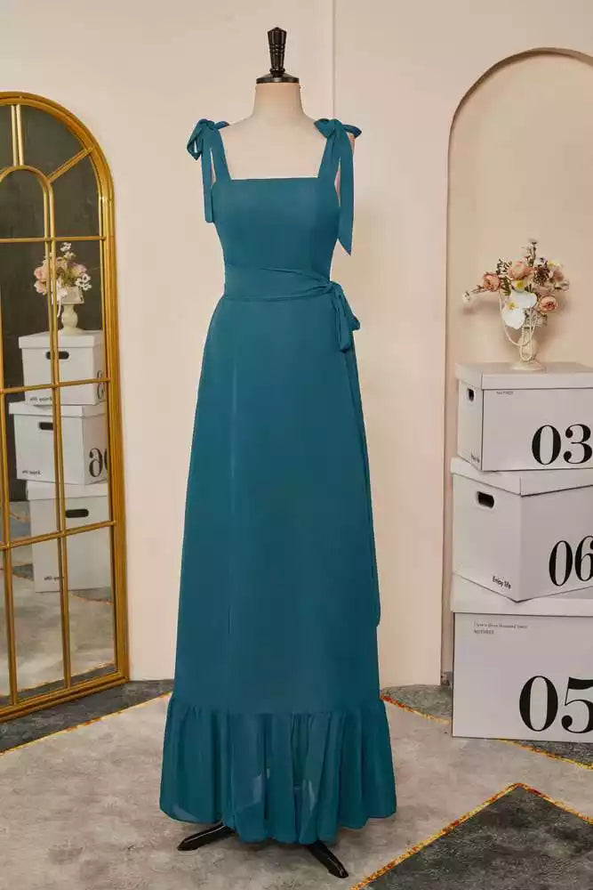 Romantic Teal Chiffon Gown with Bow Straps & Tiered Ruffled Hem
