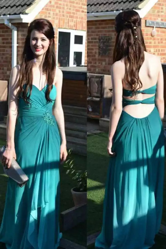 Romantic Turquoise Chiffon Strapless Gown with Cutout Back