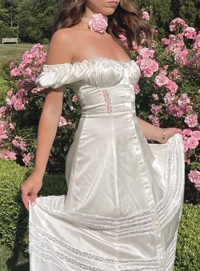 Romantic Vintage-Inspired Off-The-Shoulder Ivory Satin Gown