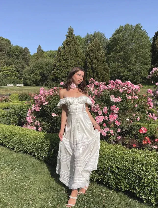 Romantic Vintage-Inspired Off-The-Shoulder Ivory Satin Gown