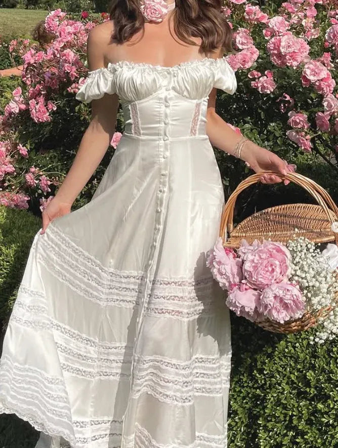 Romantic Vintage-Inspired Off-The-Shoulder Ivory Satin Gown