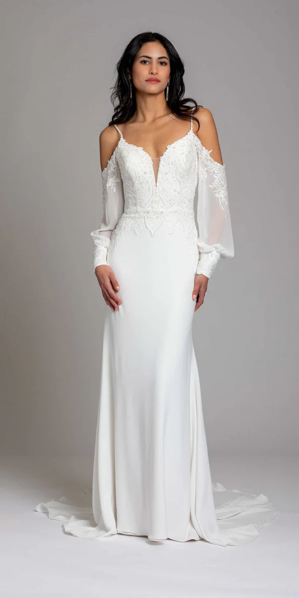 Romantic Lace Wedding Dress with Cold Shoulder, Sheer Sleeves and Sweeping Train