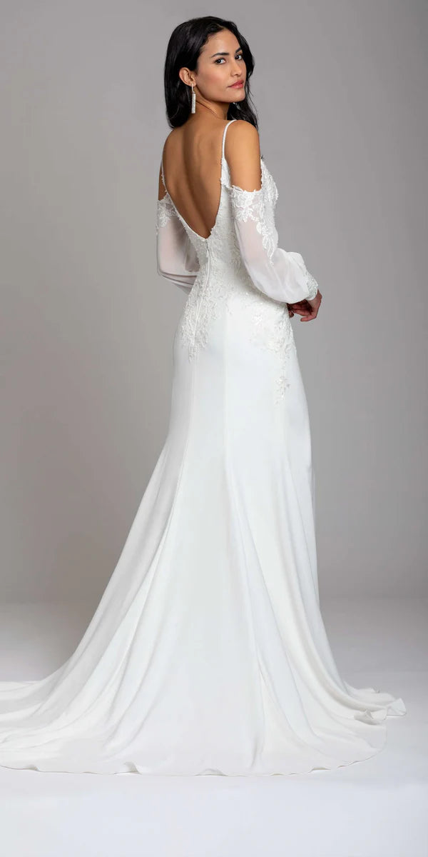 Romantic Lace Wedding Dress with Cold Shoulder, Sheer Sleeves and Sweeping Train