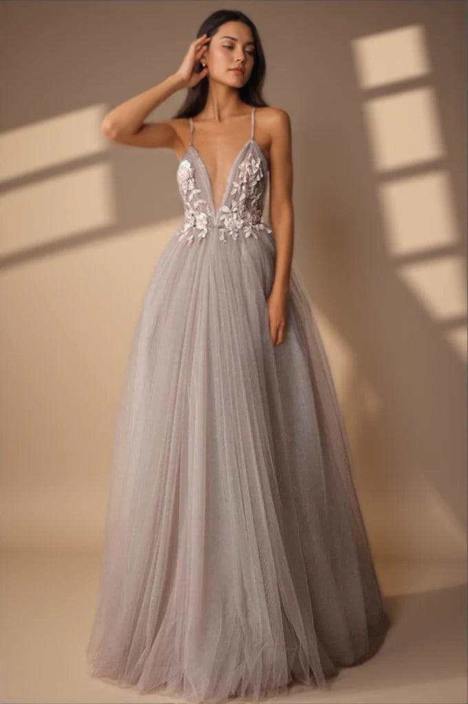 Romantic tulle spaghetti strap deep V neck floor length wedding dress with 3D floral applique, open back and train