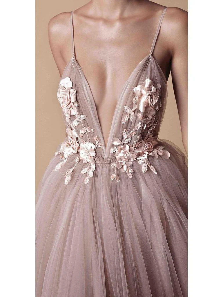 Romantic tulle spaghetti strap deep V neck floor length wedding dress with 3D floral applique, open back and train