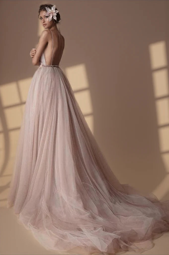 Romantic tulle spaghetti strap deep V neck floor length wedding dress with 3D floral applique, open back and train