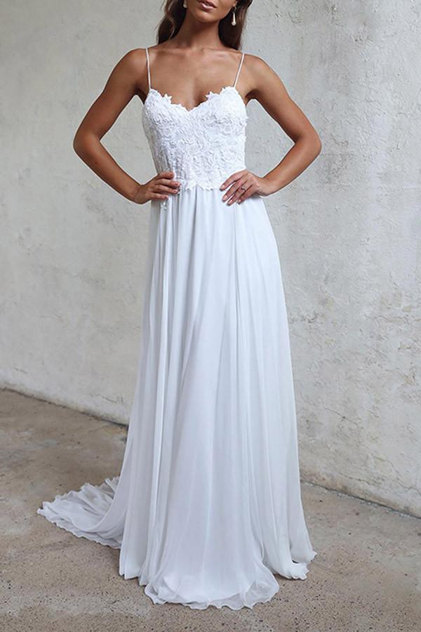 Romantic chiffon lace spaghetti strap sweetheart neck floor length wedding dress with beaded floral applique, open back and train