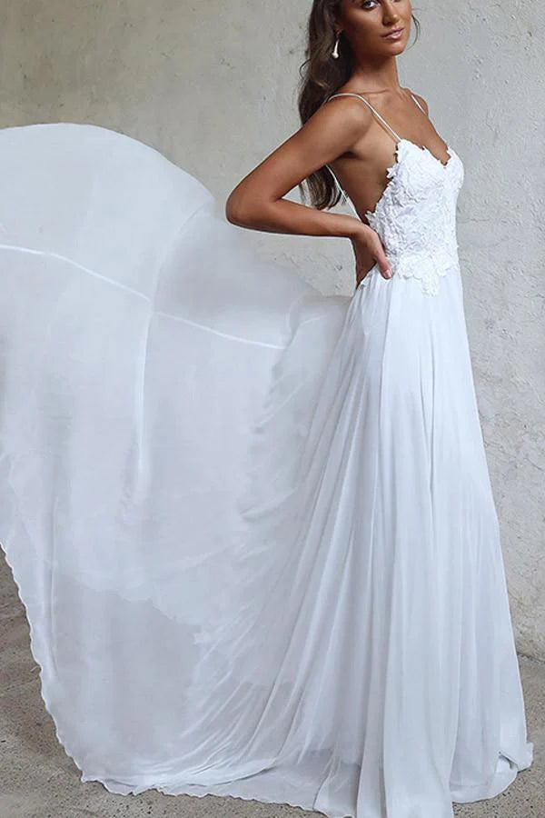 Romantic chiffon lace spaghetti strap sweetheart neck floor length wedding dress with beaded floral applique, open back and train