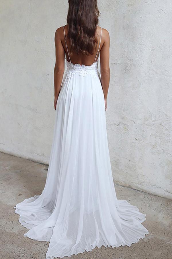 Romantic chiffon lace spaghetti strap sweetheart neck floor length wedding dress with beaded floral applique, open back and train