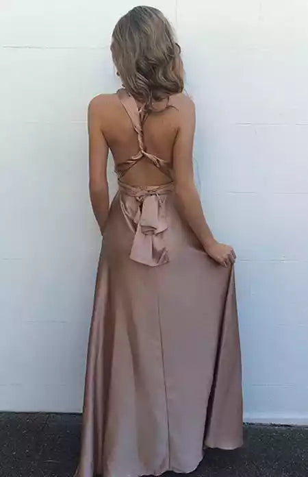 Rose Gold Satin Halter-Neck Twisted Open-Back Maxi Gown – Luxe & Feminine Evening Party Dress