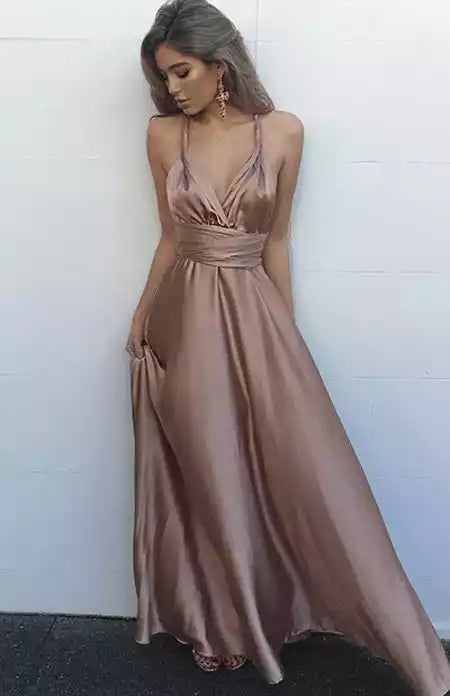 Rose Gold Satin Halter-Neck Twisted Open-Back Maxi Gown – Luxe & Feminine Evening Party Dress