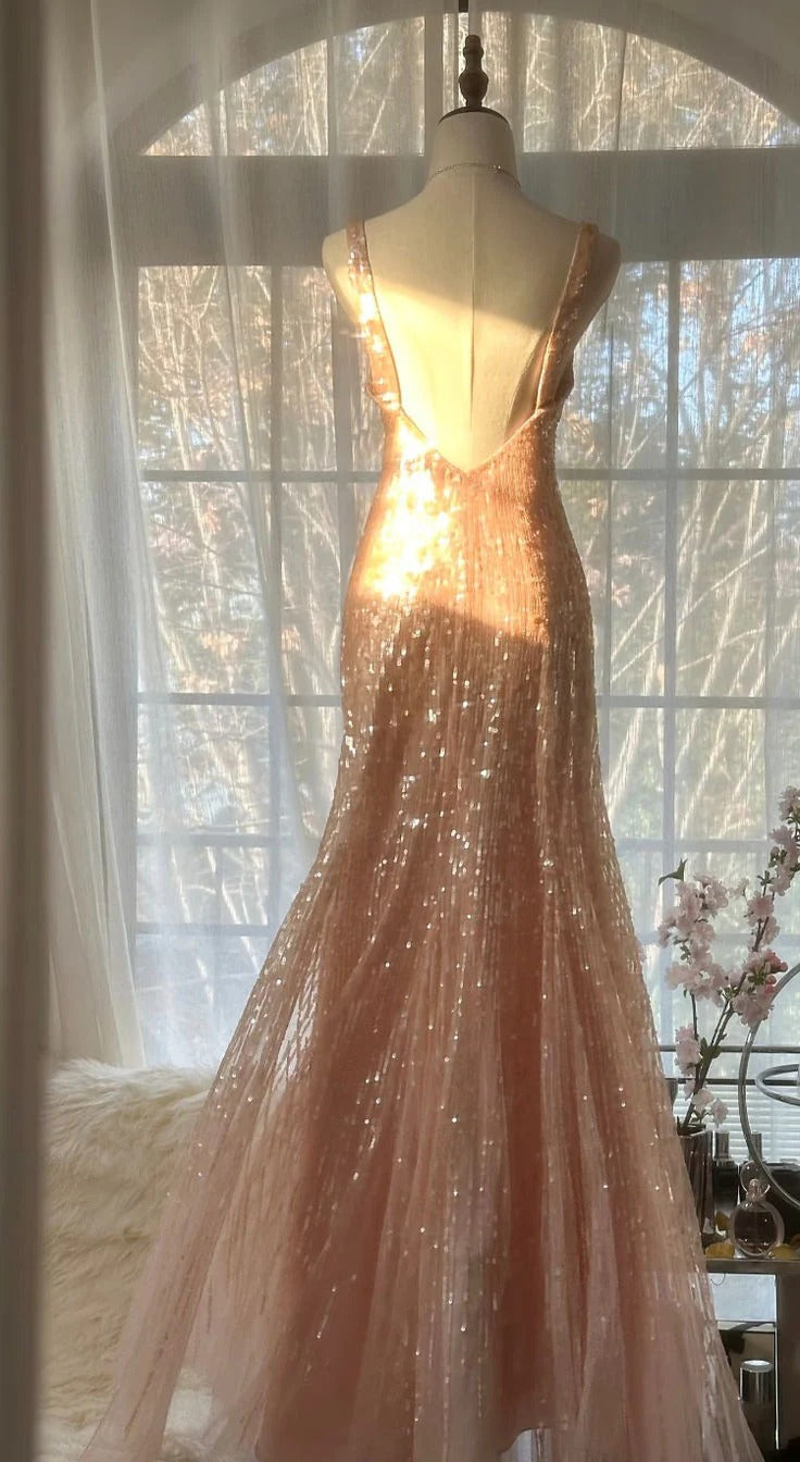 Rose Gold Sequin Deep V Mermaid Gown – Beaded Waist Formal Evening Dress