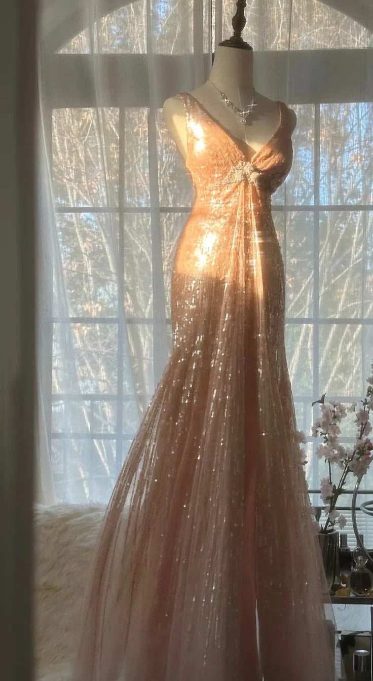 Rose Gold Sequin Deep V Mermaid Gown – Beaded Waist Formal Evening Dress