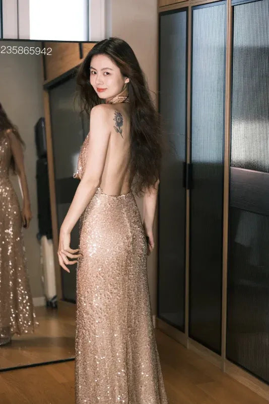 Rose Gold Sequin Halter Cowl Back Maxi Gown