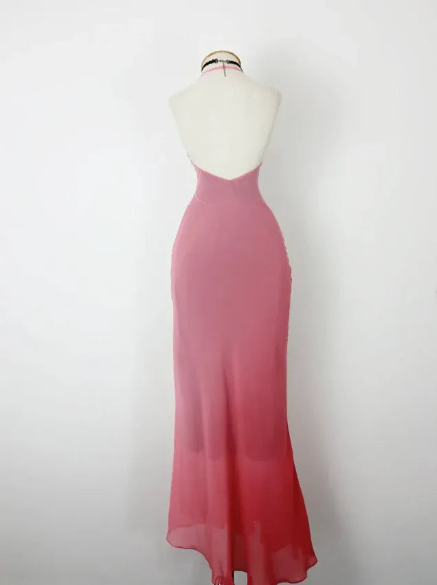 Rose Pink Gradient Halter Beaded Mermaid Maxi Dress