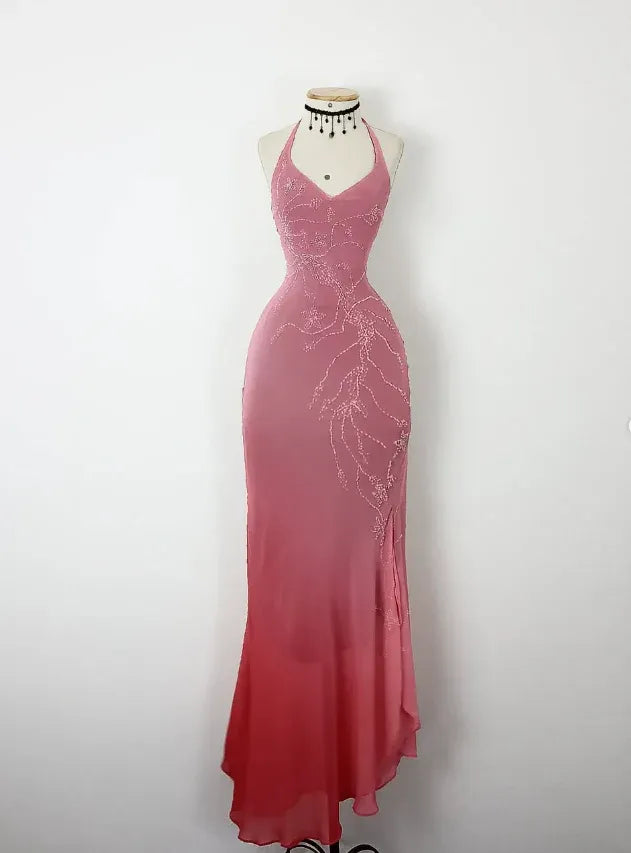 Rose Pink Gradient Halter Beaded Mermaid Maxi Dress