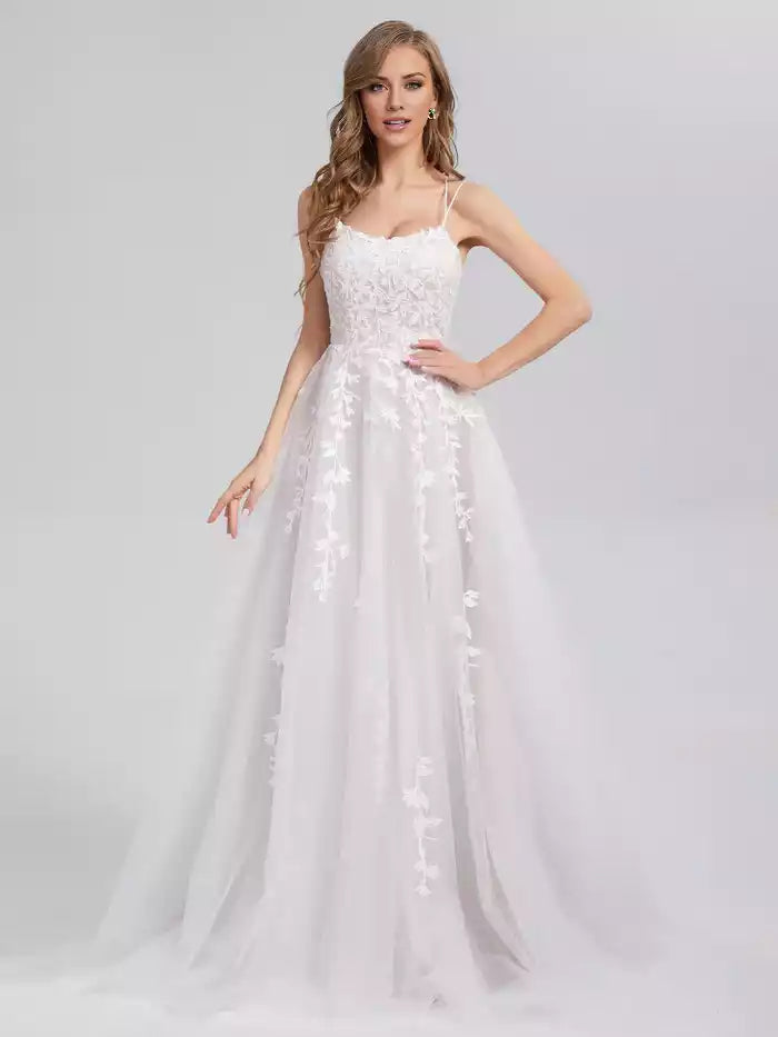 Round Neck Lace Up Back Spaghetti Strap Satin Tulle Prom Dresses