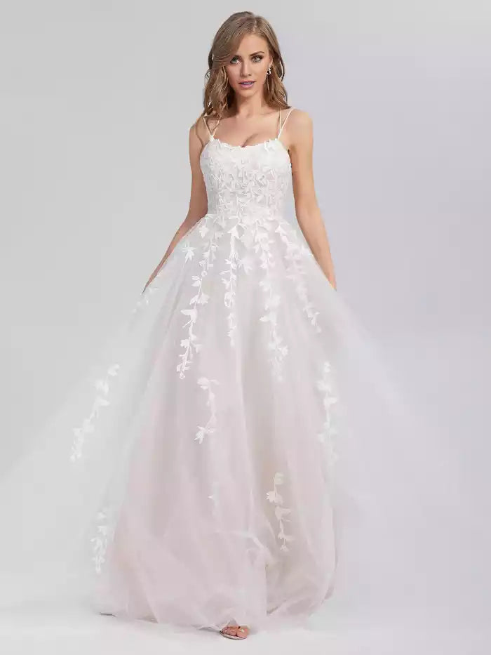 Round Neck Lace Up Back Spaghetti Strap Satin Tulle Prom Dresses