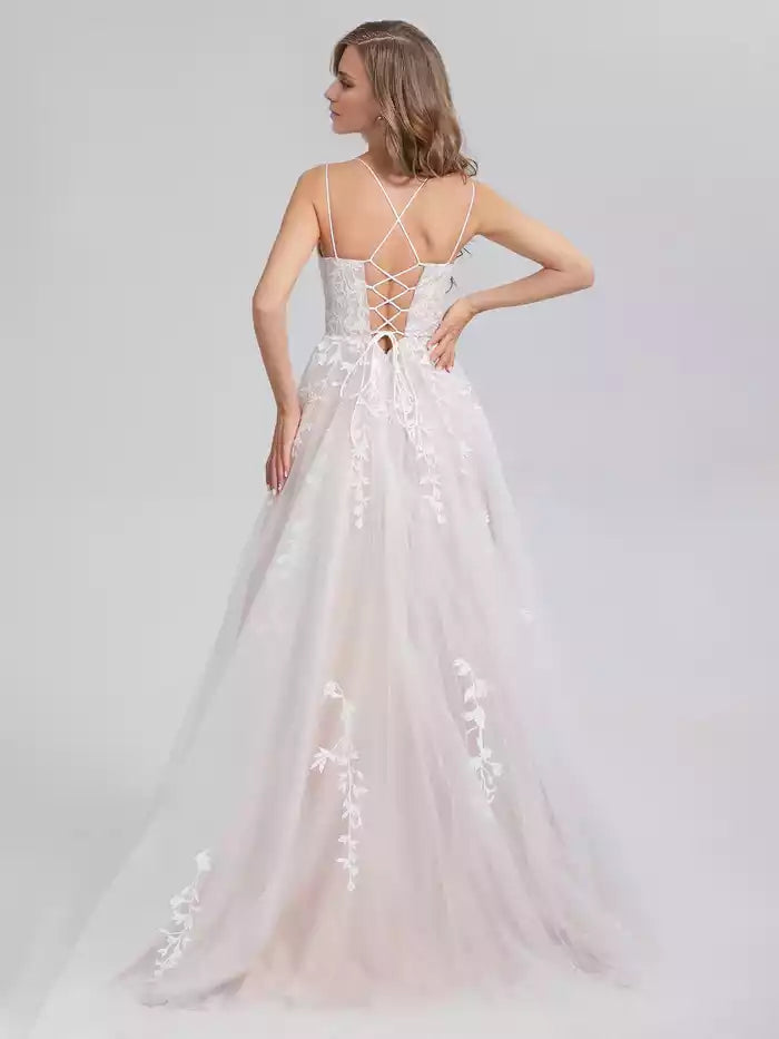 Round Neck Lace Up Back Spaghetti Strap Satin Tulle Prom Dresses