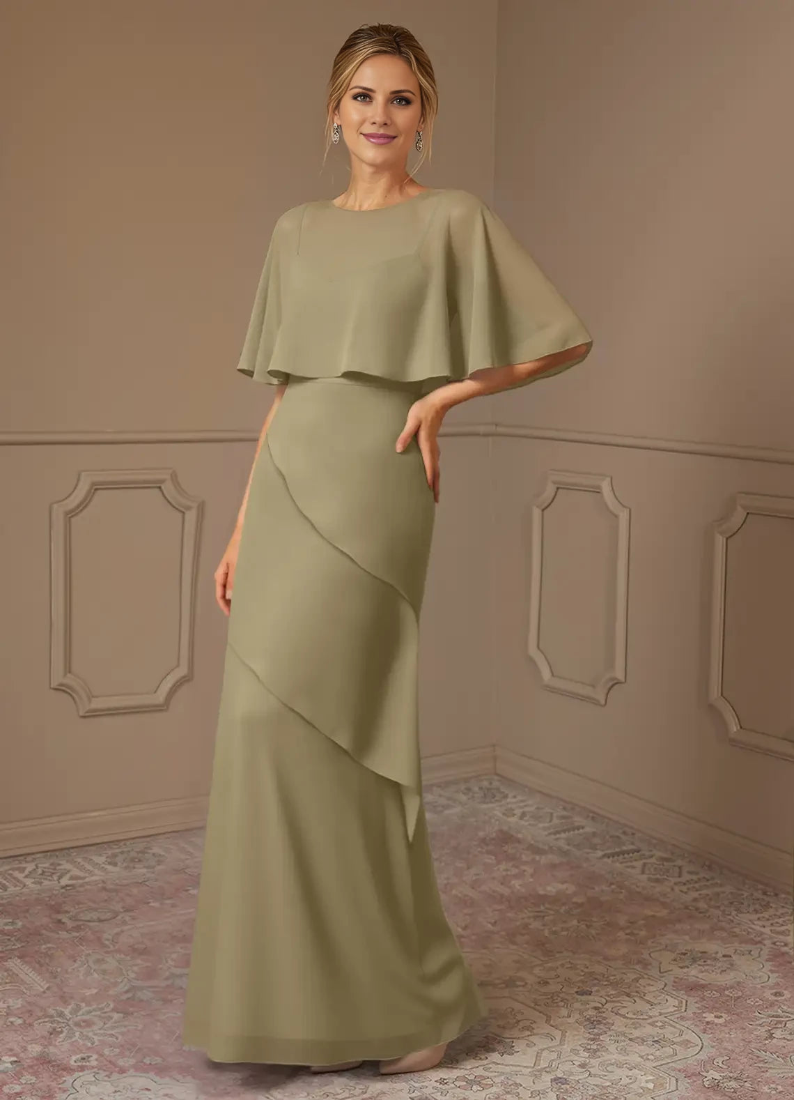 Round Neck Mermaid Ruched Chiffon Dress Mother of the Bride Dresses