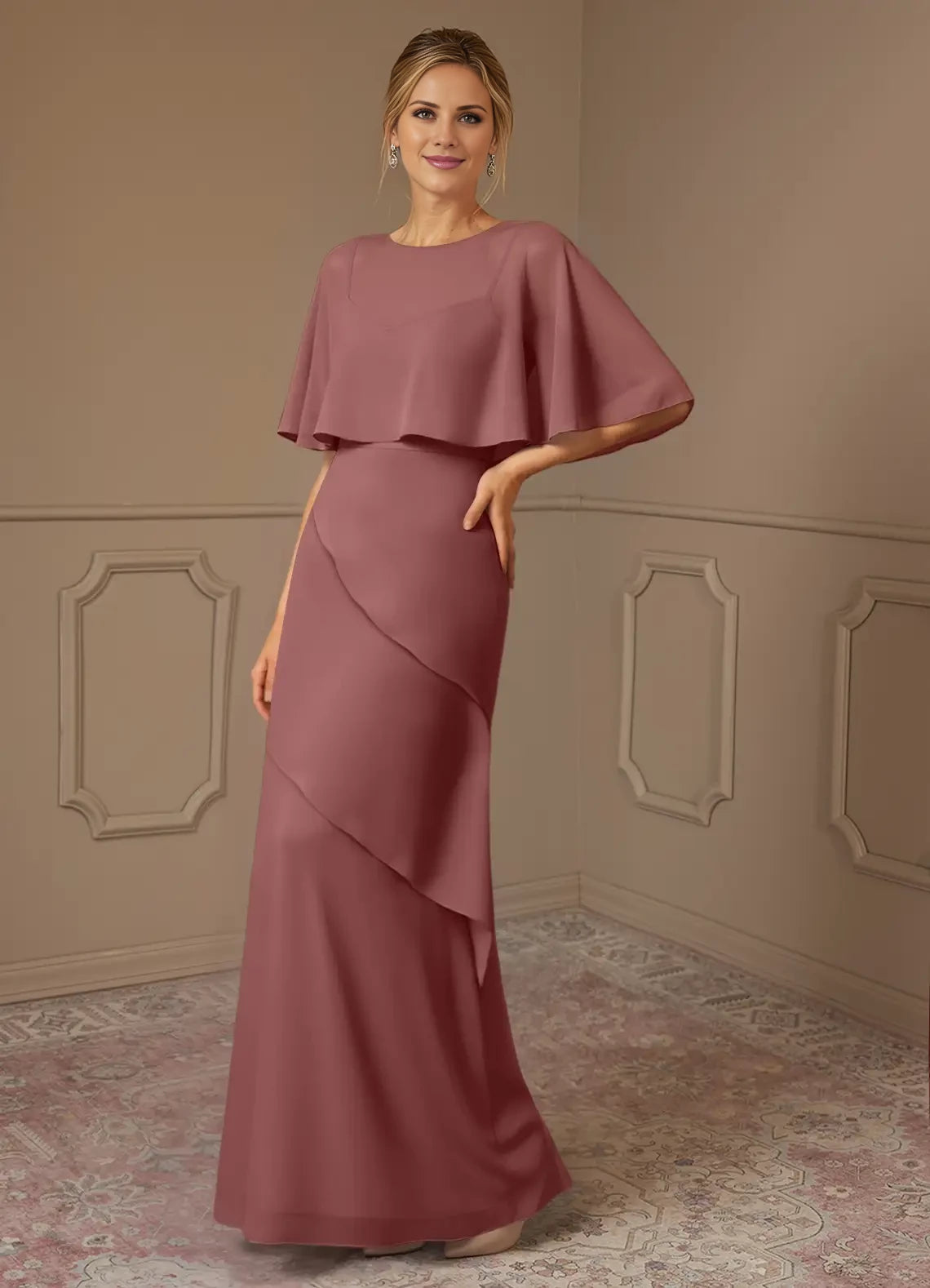 Round Neck Mermaid Ruched Chiffon Dress Mother of the Bride Dresses