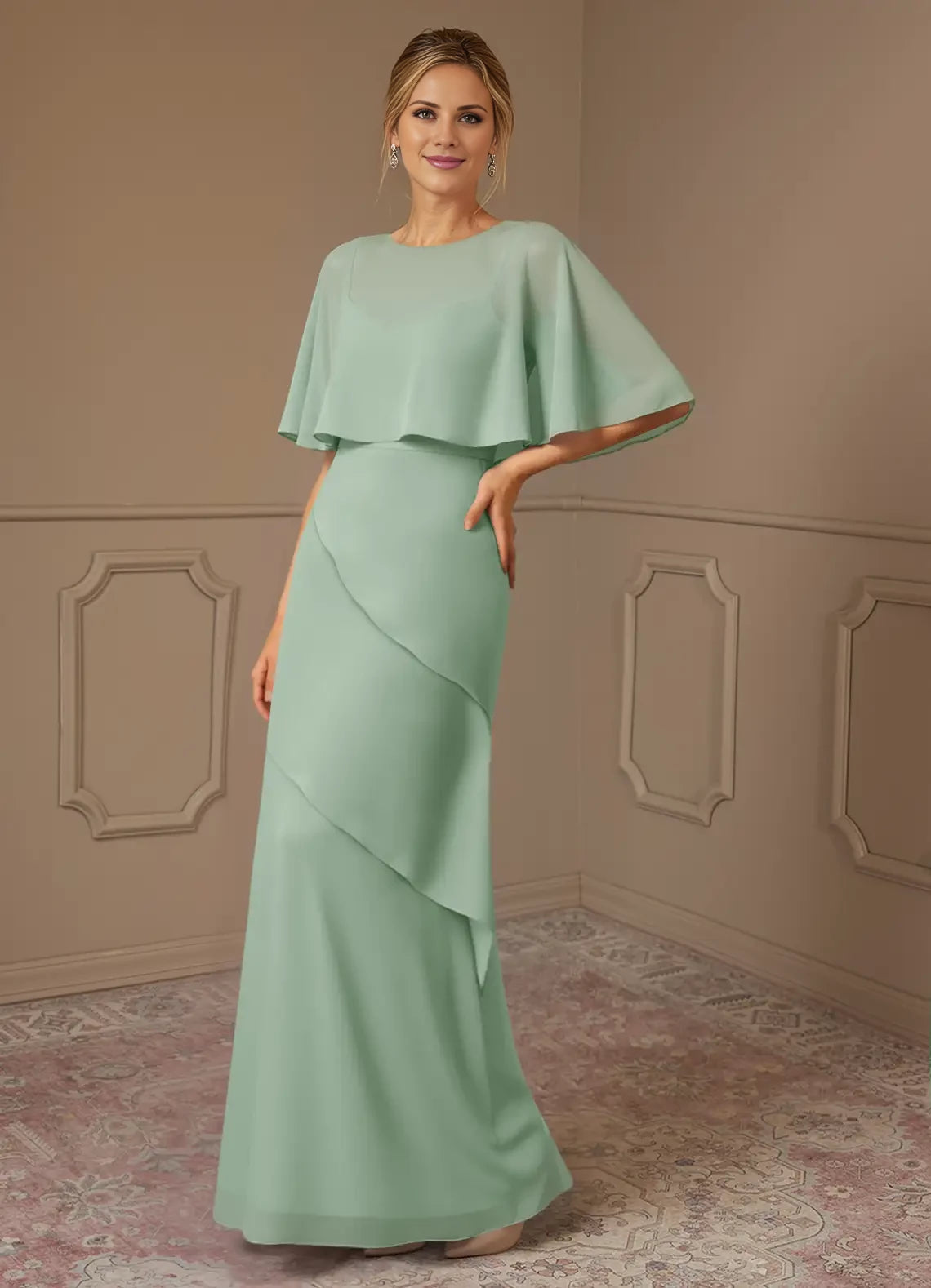 Round Neck Mermaid Ruched Chiffon Dress Mother of the Bride Dresses
