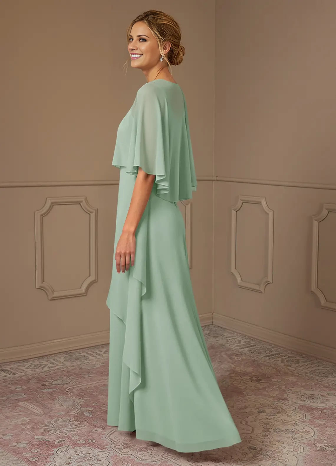 Round Neck Mermaid Ruched Chiffon Dress Mother of the Bride Dresses