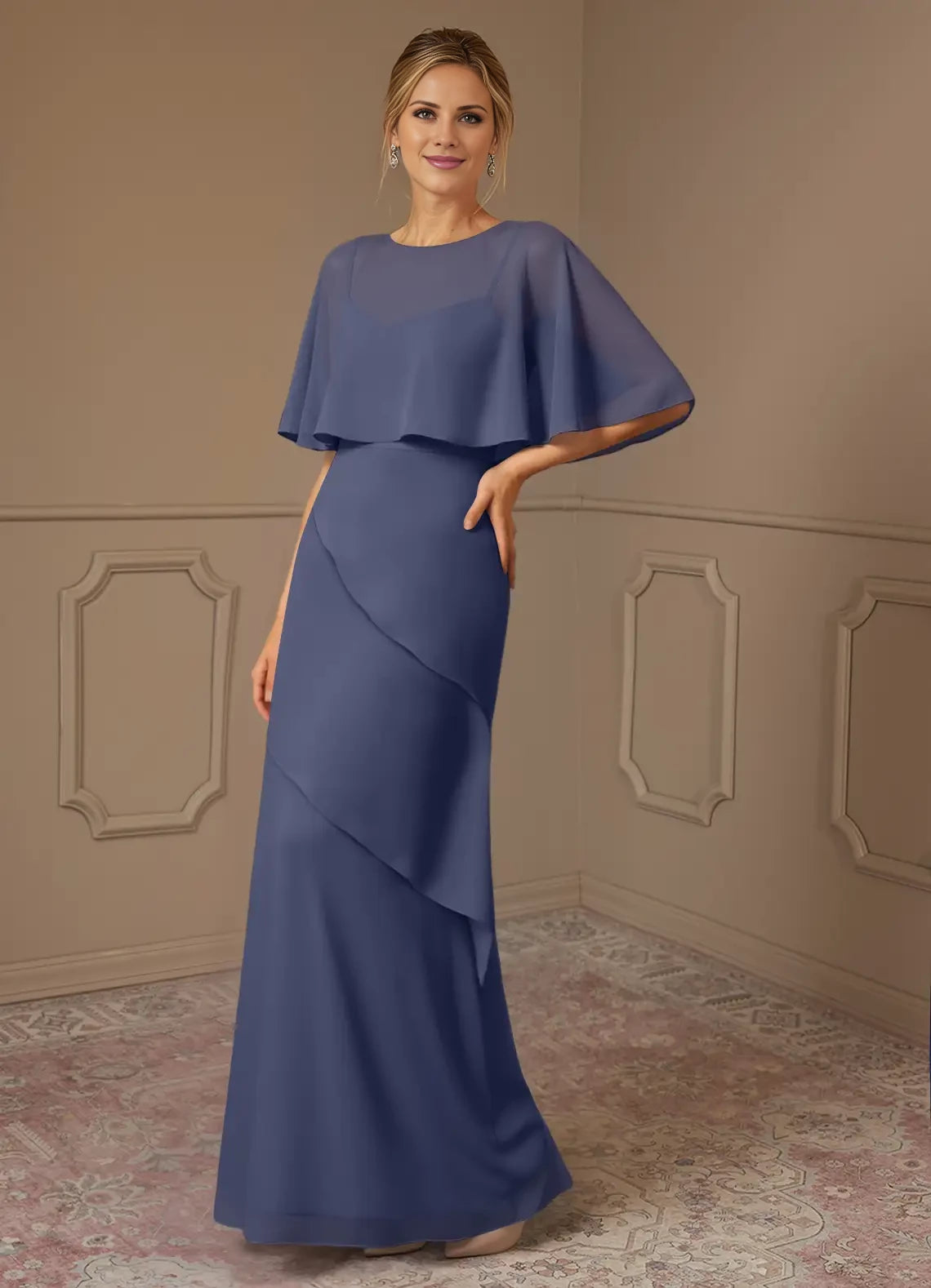 Round Neck Mermaid Ruched Chiffon Dress Mother of the Bride Dresses