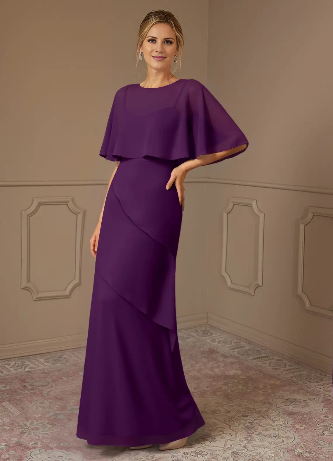Round Neck Mermaid Ruched Chiffon Dress Mother of the Bride Dresses