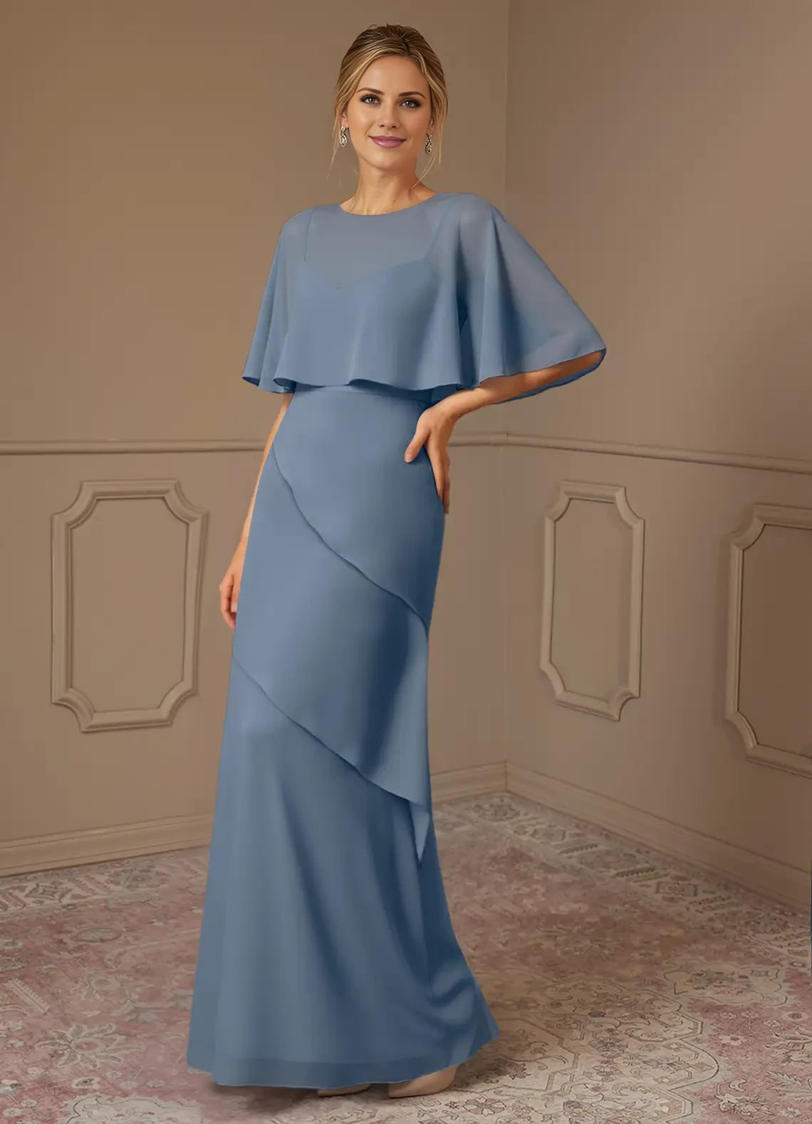Round Neck Mermaid Ruched Chiffon Dress Mother of the Bride Dresses