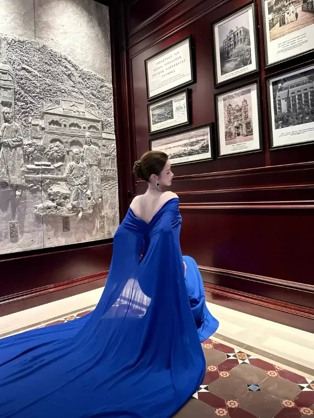 Royal Blue Cape Sleeve Mermaid Gown – Off-the-Shoulder Ruched Evening Dress with Train