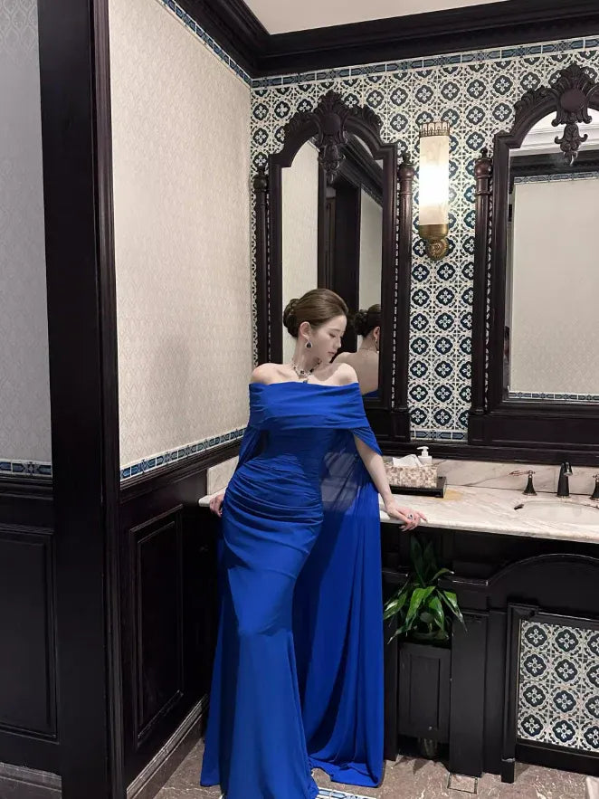 Royal Blue Cape Sleeve Mermaid Gown – Off-the-Shoulder Ruched Evening Dress with Train