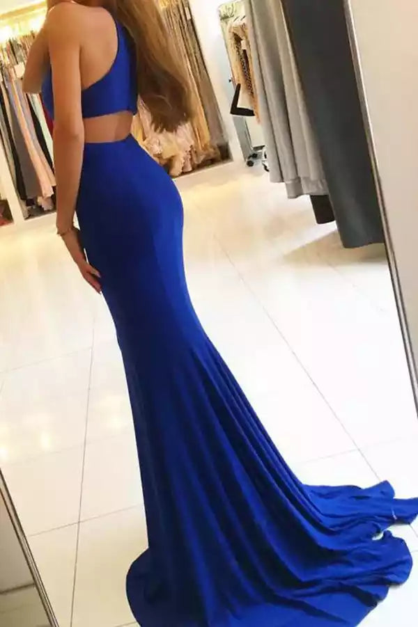 Royal Blue Halter-Neck Cut-Out Mermaid Train Gown – Bold & Glamorous Evening Party Dress