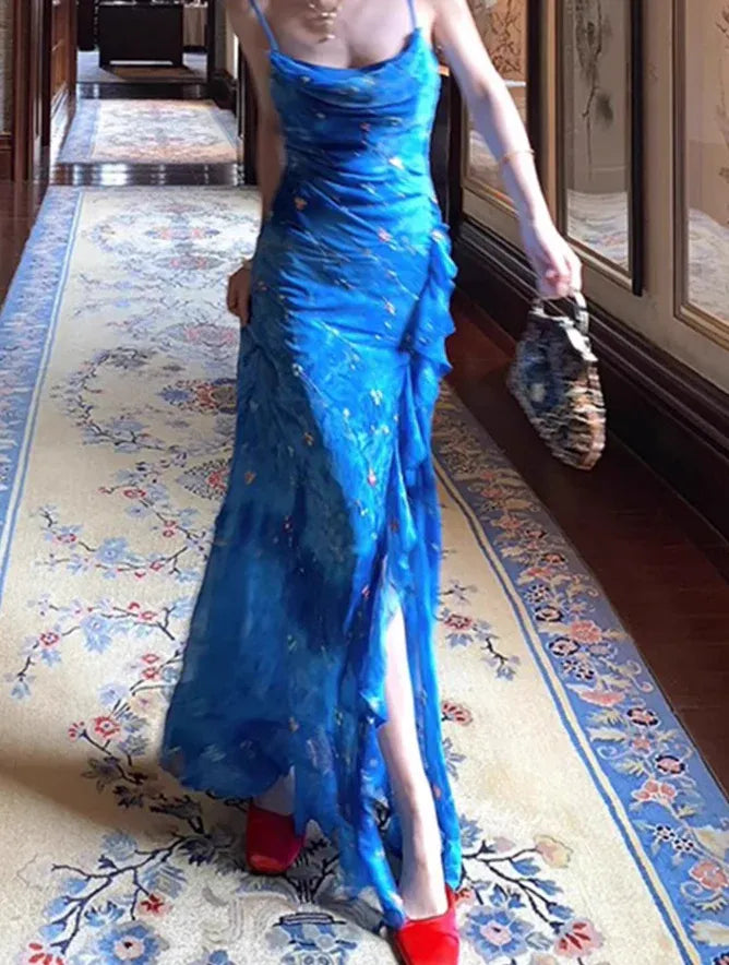 Royal Blue Print Cowl Neck Slit Maxi Dress