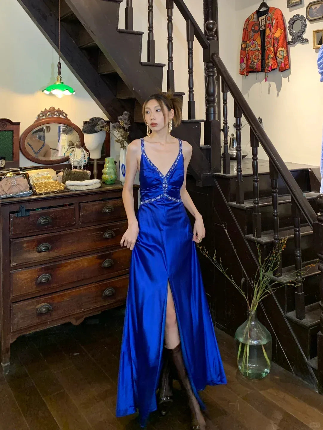 Royal Blue Satin Maxi Gown – Beaded V-Neck Formal Dress with High Slit and Spaghetti Straps