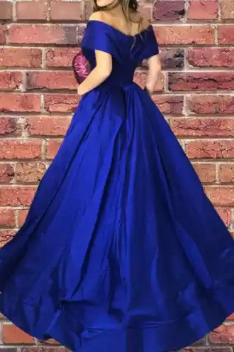 Royal Blue Satin Off-Shoulder Ball Gown – Luxe & Regal Evening Party Dress