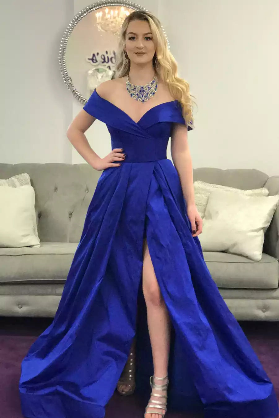 Royal Blue Satin Off-Shoulder Ball Gown – Luxe & Regal Evening Party Dress