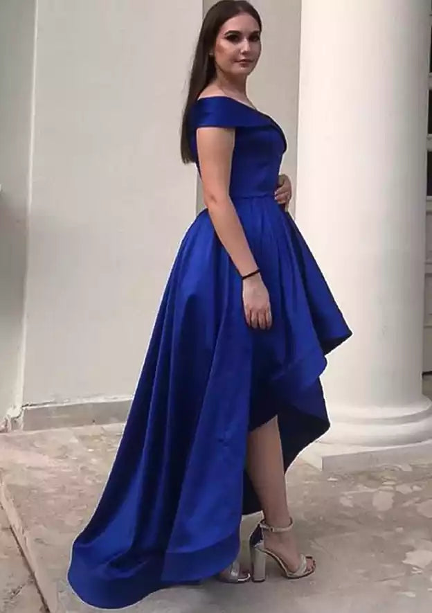 Royal Blue Satin Off-Shoulder High-Low Gown – Bold & Modern Evening Party Dress