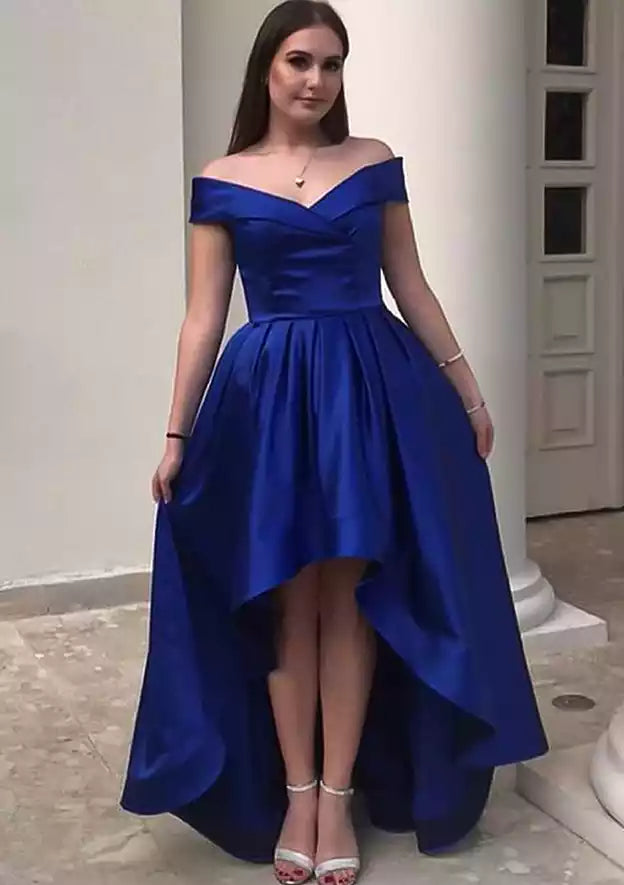 Royal Blue Satin Off-Shoulder High-Low Gown – Bold & Modern Evening Party Dress