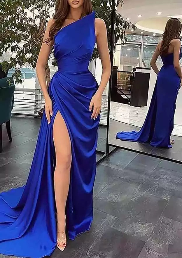 Royal Blue Satin One-Shoulder Draped Slit Gown – Bold & Luxurious Evening Party Dress
