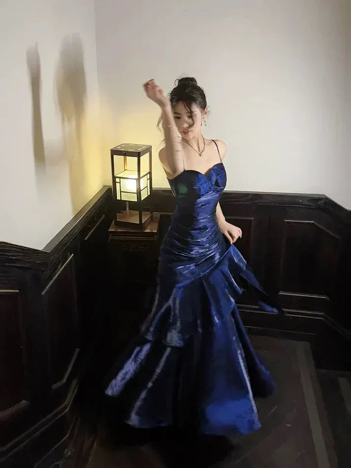 Royal Blue Satin Ruffle Mermaid Gown – Spaghetti Strap Ruched Formal Prom Dress