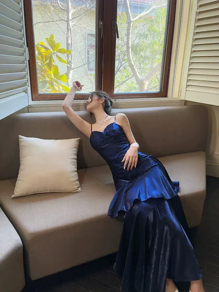 Royal Blue Satin Ruffle Mermaid Gown – Spaghetti Strap Ruched Formal Prom Dress