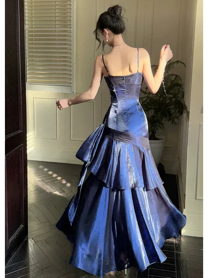 Royal Blue Satin Ruffle Mermaid Gown – Spaghetti Strap Ruched Formal Prom Dress