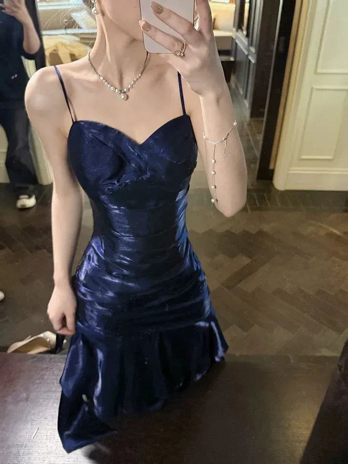 Royal Blue Satin Ruffle Mermaid Gown – Spaghetti Strap Ruched Formal Prom Dress