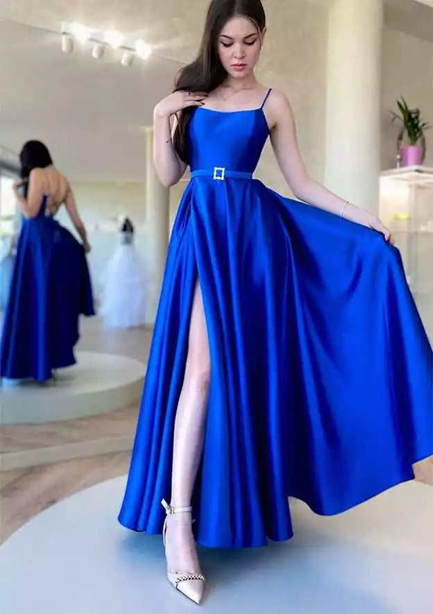Royal Blue Satin Spaghetti-Strap A-Line Gown – Vibrant & Chic Evening Party Dress